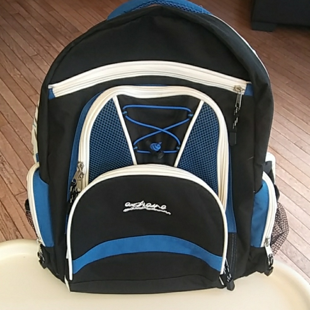Extreme blue, black and white back pack